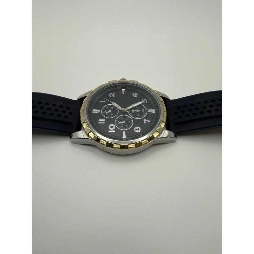 Men's Watch Chronograph Style Blue Rubber Strap Silver Gold Tone Quartz New